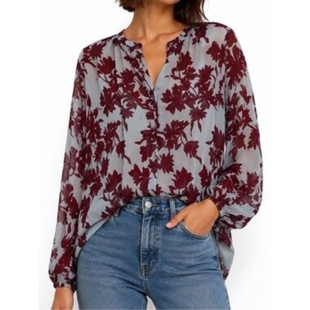A New Day Women Burgundy Floral Sheer Long Sleeve Blouse Light Blue Medium